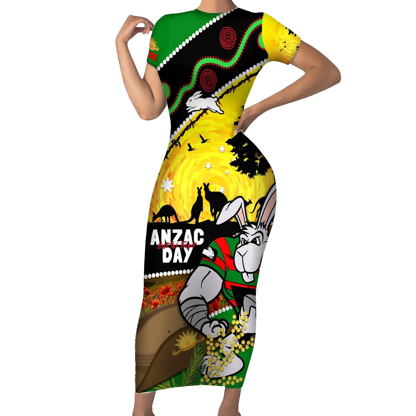 Rabbitohs ANZAC Day Family Matching Short Sleeve Bodycon Dress and Hawaiian Shirt Souths Mascot Rosemary Starring Night Style