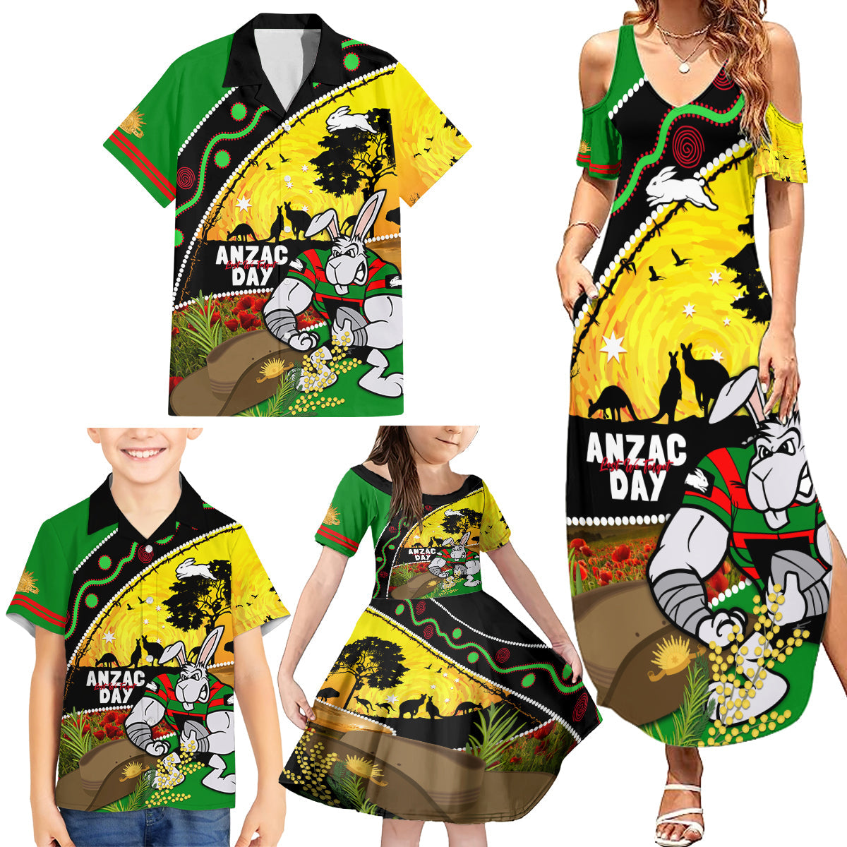 Rabbitohs ANZAC Day Family Matching Summer Maxi Dress and Hawaiian Shirt Souths Mascot Rosemary Starring Night Style
