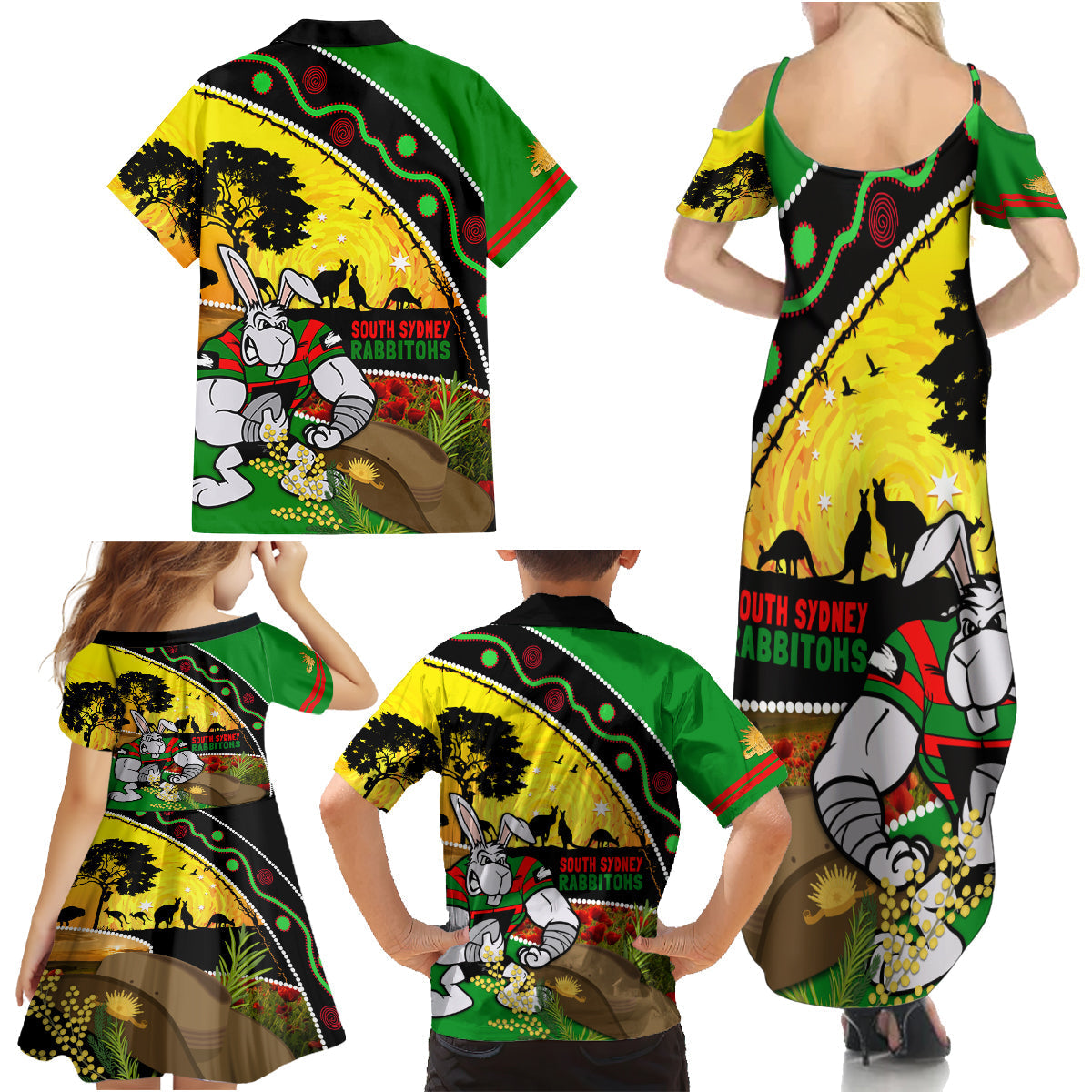 Rabbitohs ANZAC Day Family Matching Summer Maxi Dress and Hawaiian Shirt Souths Mascot Rosemary Starring Night Style