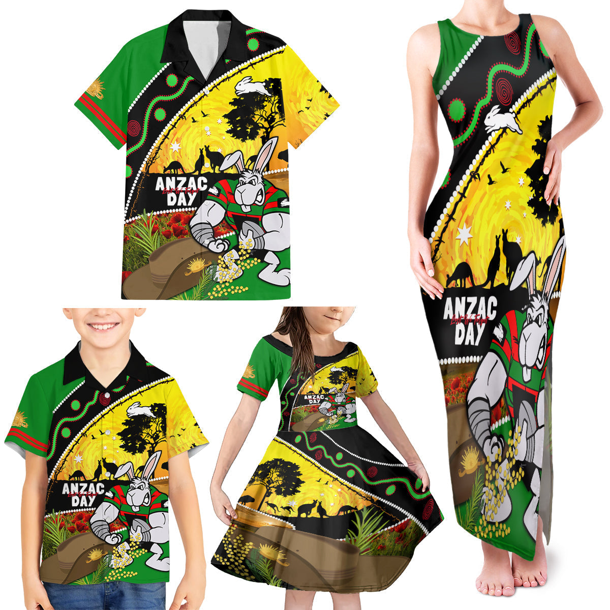 Rabbitohs ANZAC Day Family Matching Tank Maxi Dress and Hawaiian Shirt Souths Mascot Rosemary Starring Night Style