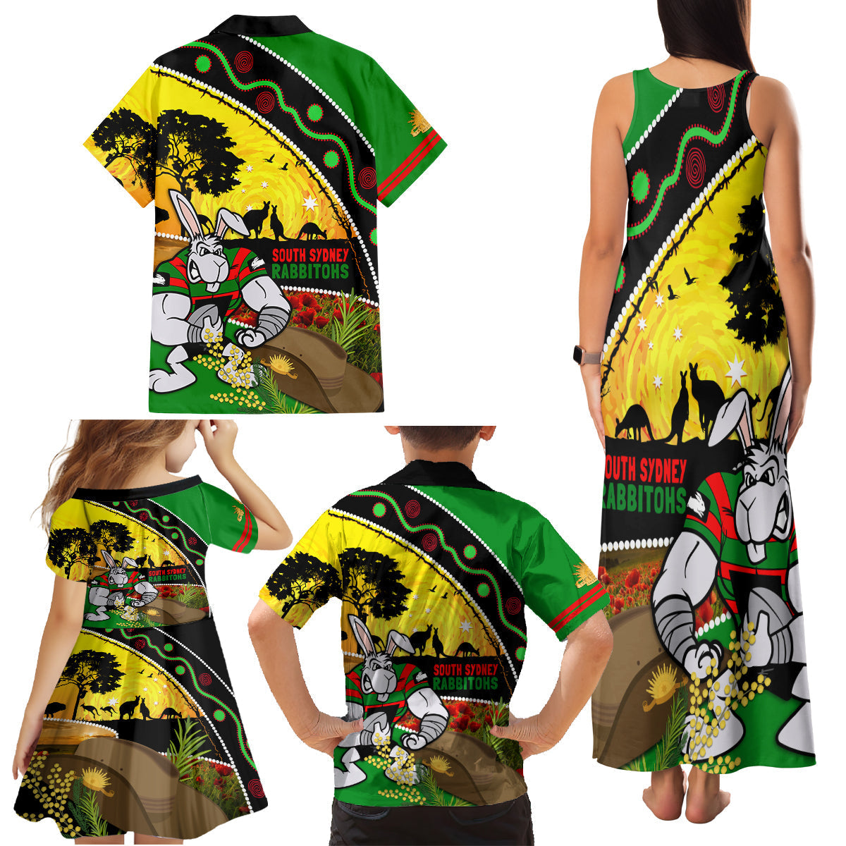 Rabbitohs ANZAC Day Family Matching Tank Maxi Dress and Hawaiian Shirt Souths Mascot Rosemary Starring Night Style