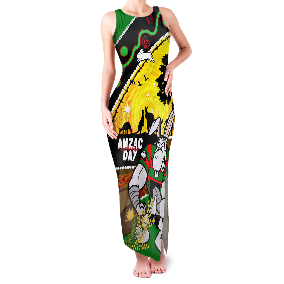 Rabbitohs ANZAC Day Family Matching Tank Maxi Dress and Hawaiian Shirt Souths Mascot Rosemary Starring Night Style