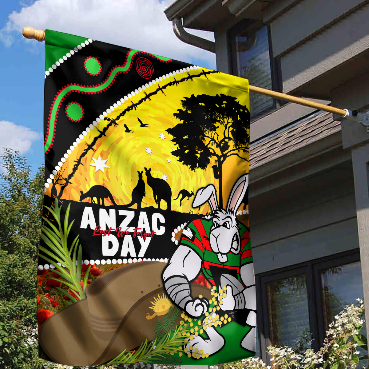 Rabbitohs ANZAC Day Garden Flag Souths Mascot Rosemary Starring Night Style - Vibe Hoodie Shop