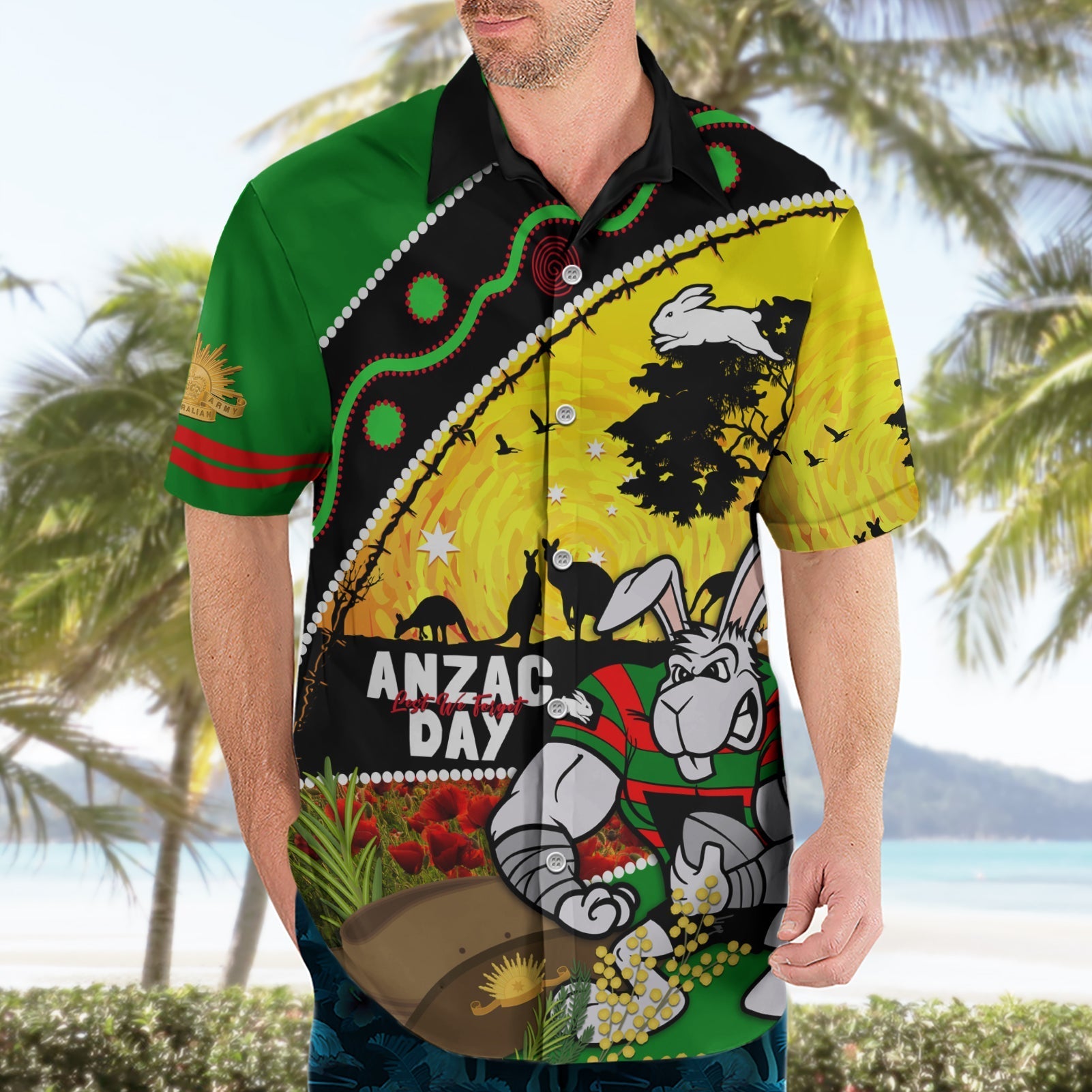 Rabbitohs ANZAC Day Hawaiian Shirt Souths Mascot Rosemary Starring Night Style - Vibe Hoodie Shop