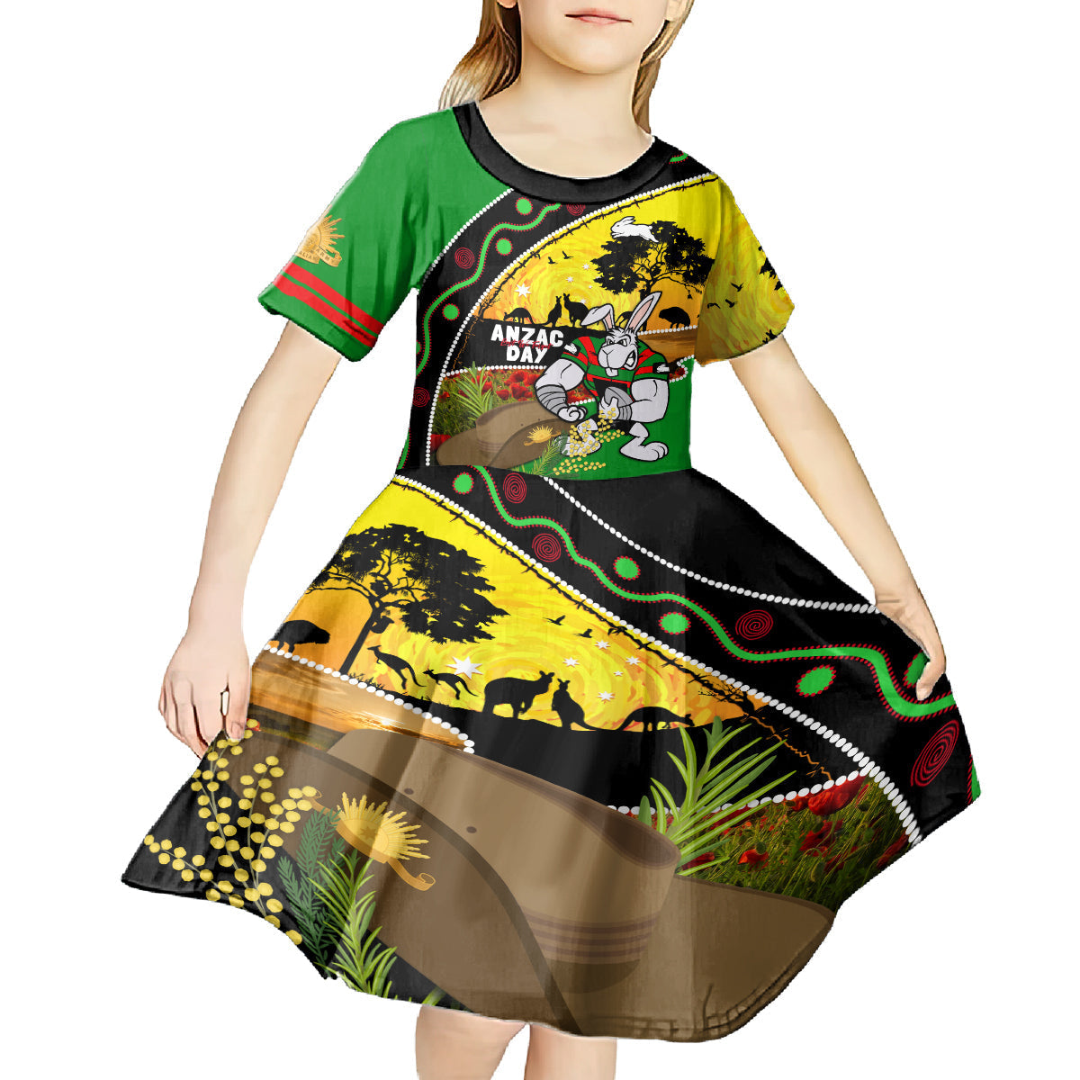 Rabbitohs ANZAC Day Kid Short Sleeve Dress Souths Mascot Rosemary Starring Night Style - Vibe Hoodie Shop