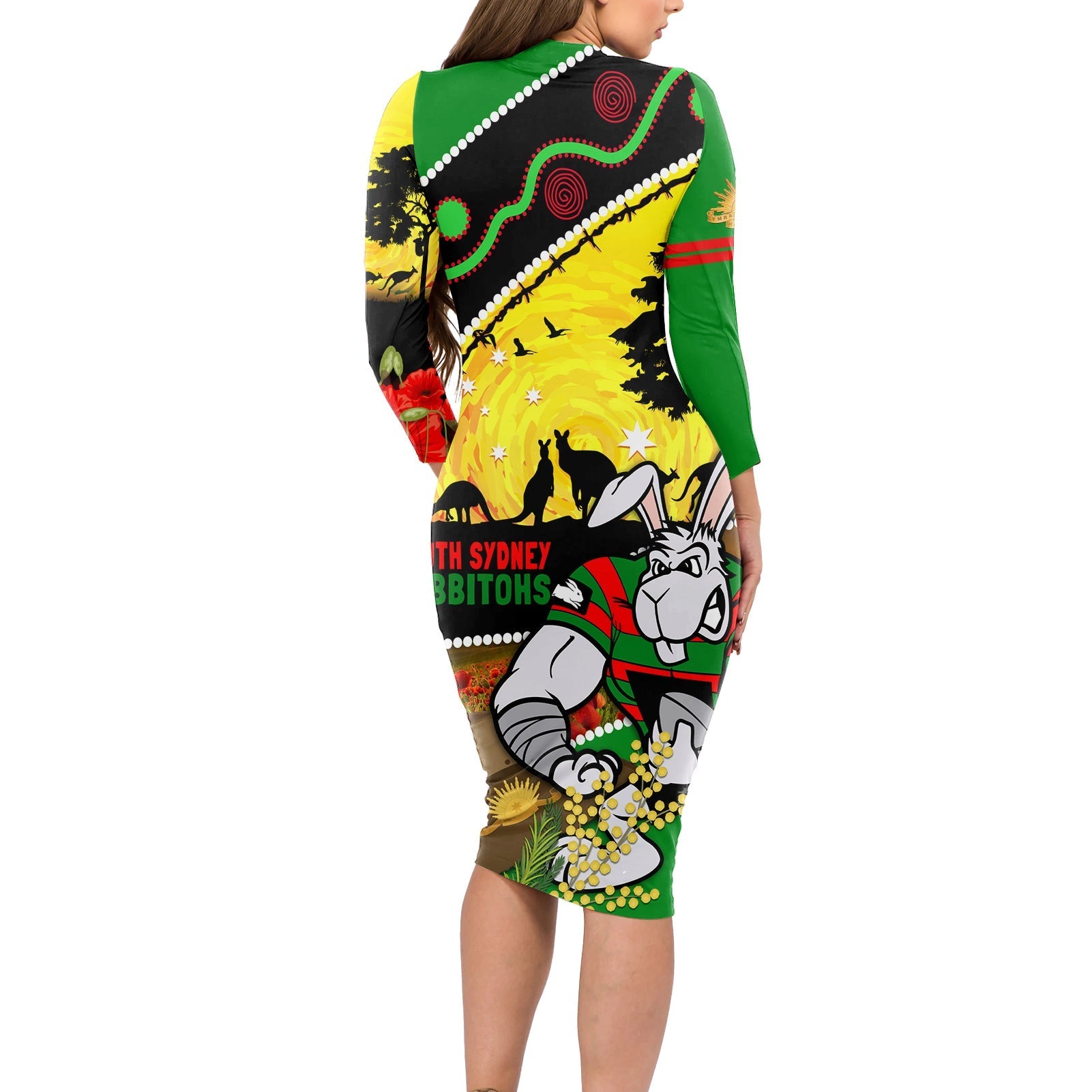 Rabbitohs ANZAC Day Long Sleeve Bodycon Dress Souths Mascot Rosemary Starring Night Style