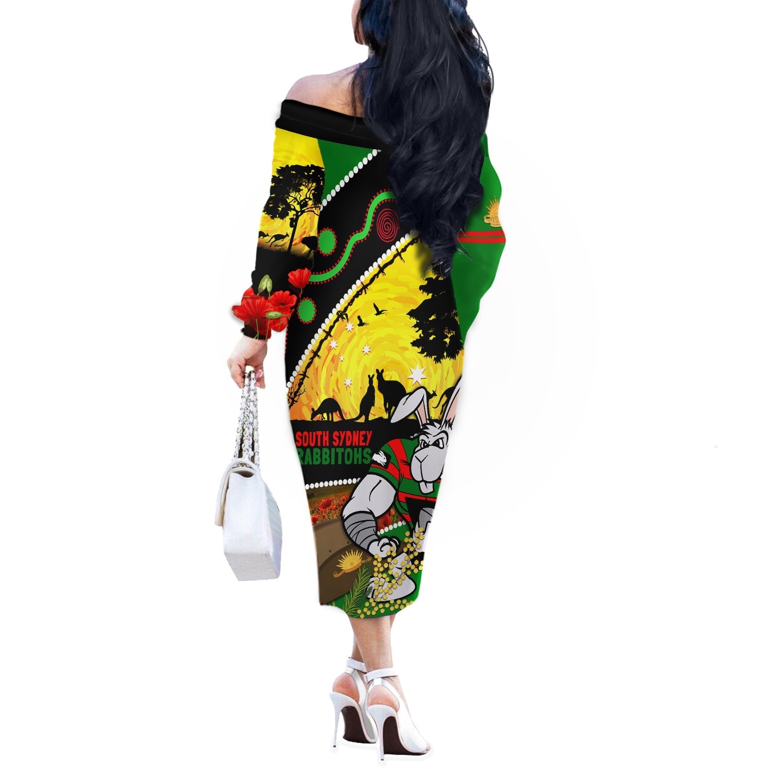 Rabbitohs ANZAC Day Off The Shoulder Long Sleeve Dress Souths Mascot Rosemary Starring Night Style