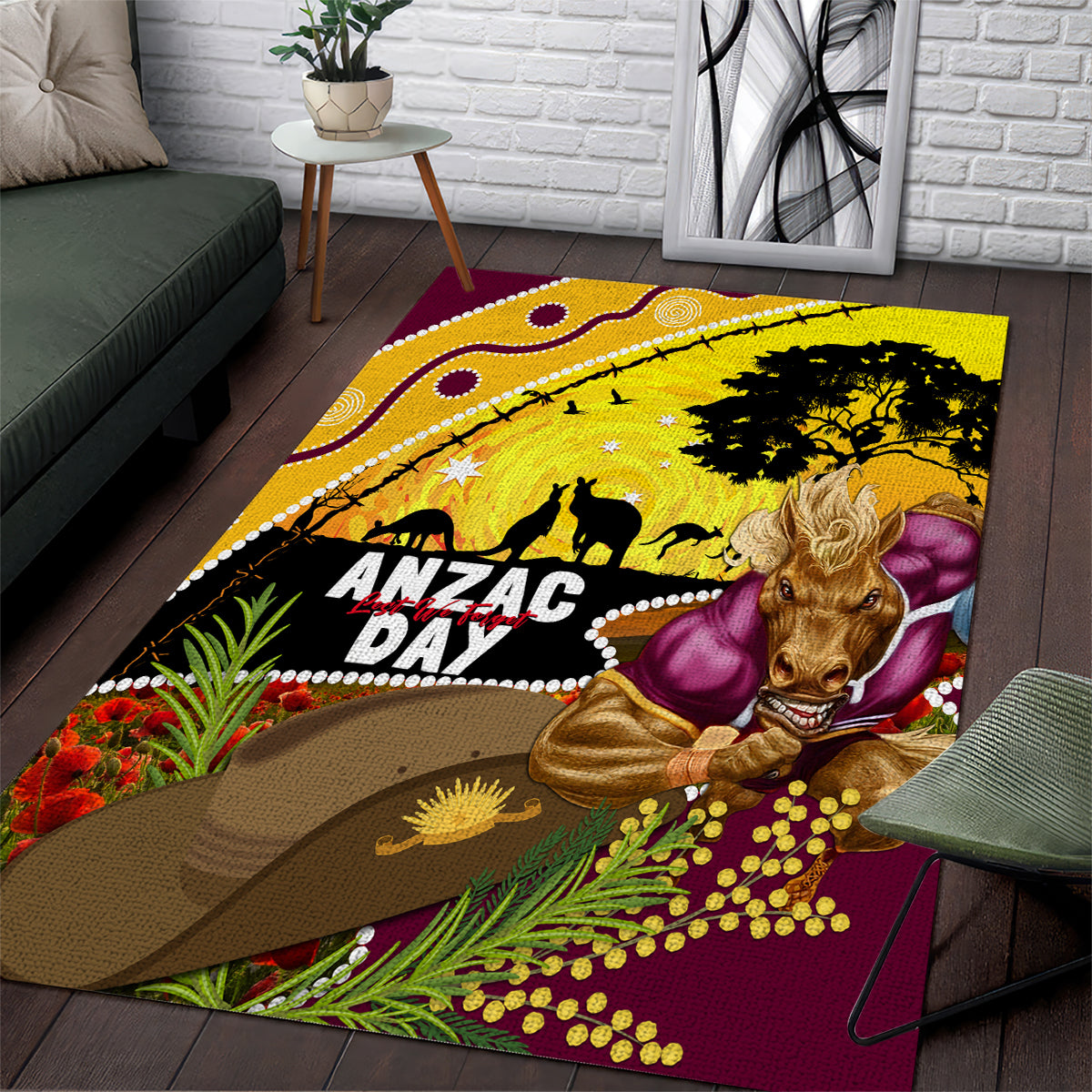 Broncos ANZAC Day Area Rug Mascot Rosemary Starring Night Style - Vibe Hoodie Shop