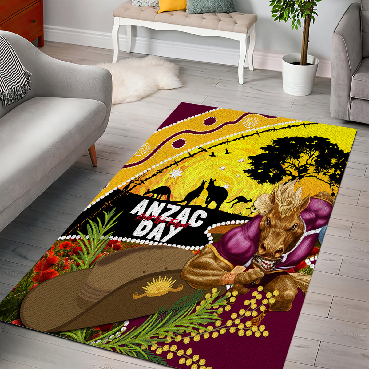 Broncos ANZAC Day Area Rug Mascot Rosemary Starring Night Style - Vibe Hoodie Shop