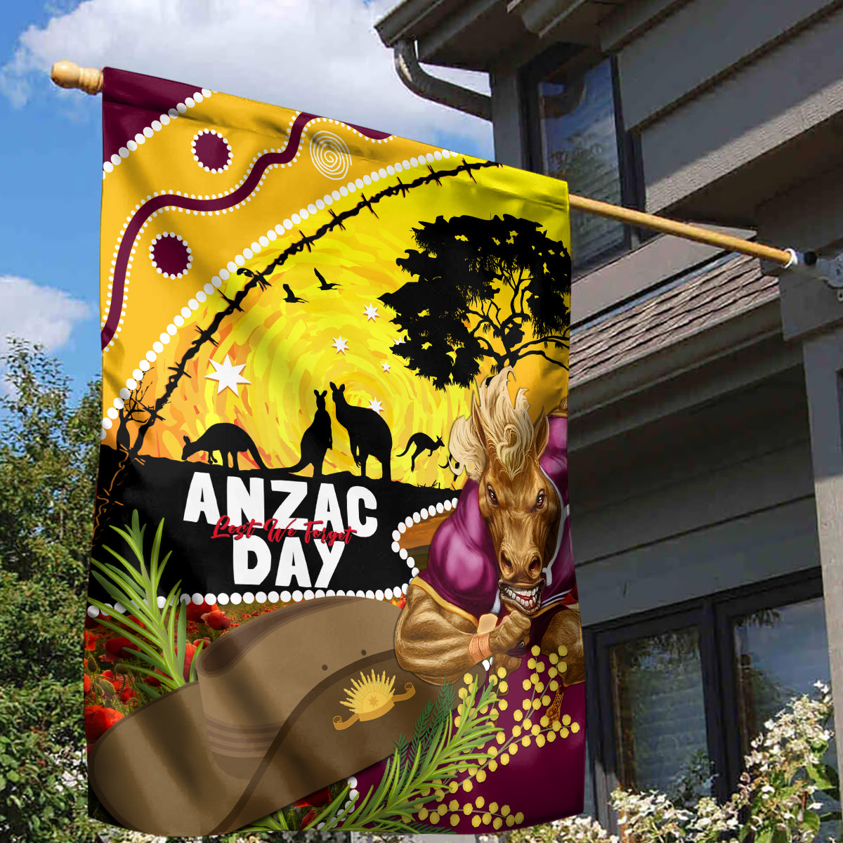 Broncos ANZAC Day Garden Flag Mascot Rosemary Starring Night Style - Vibe Hoodie Shop