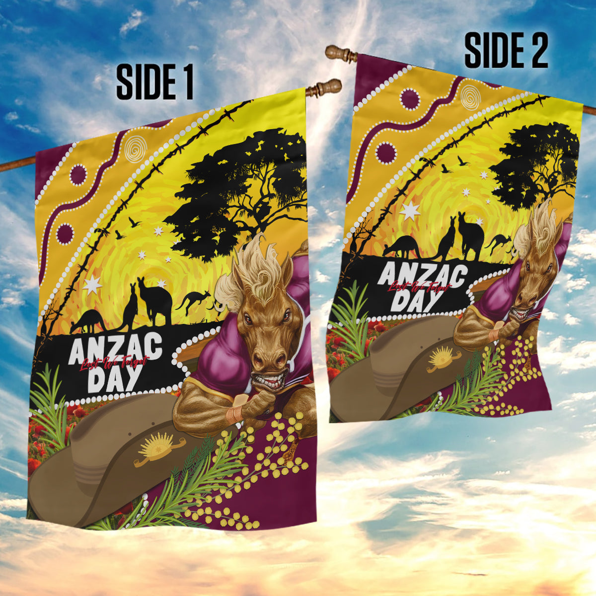 Broncos ANZAC Day Garden Flag Mascot Rosemary Starring Night Style - Vibe Hoodie Shop