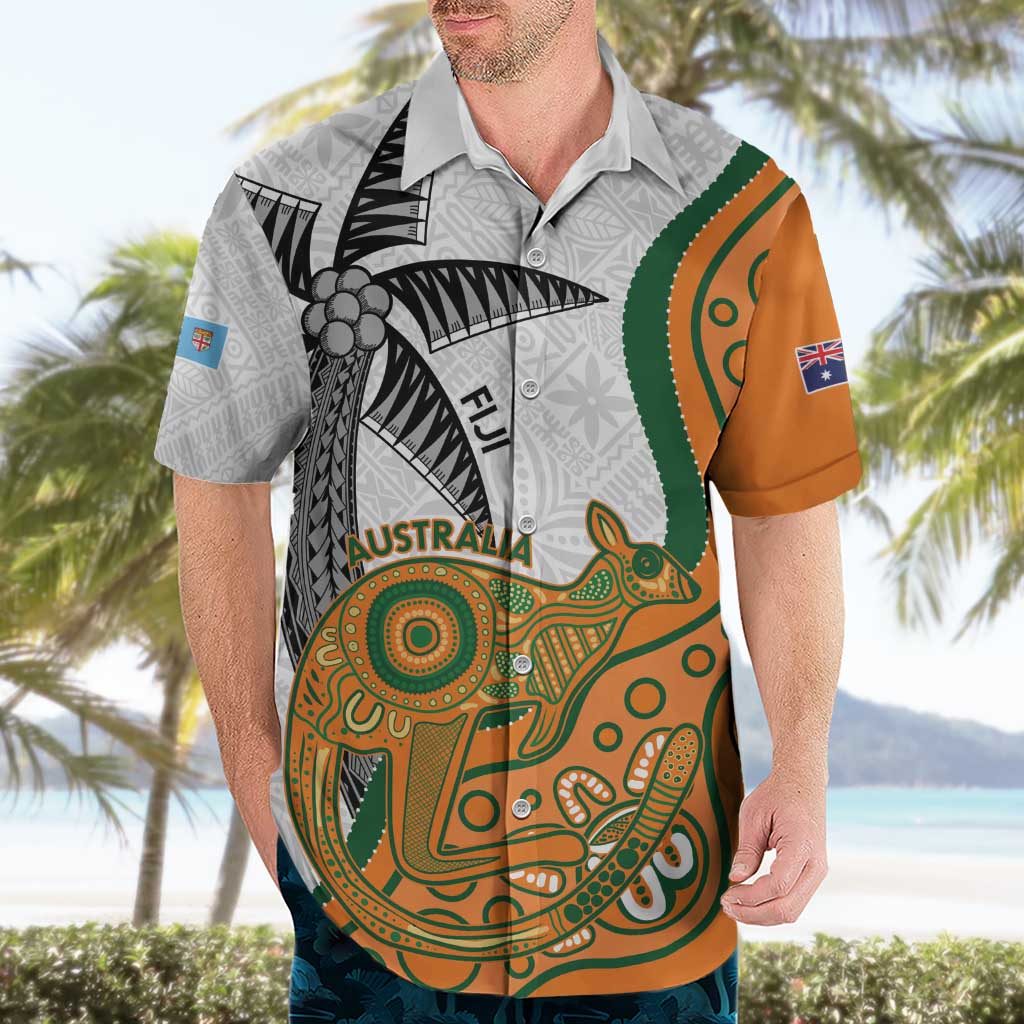 Custom Fiji And Australia Rugby Hawaiian Shirt Fijian Palm Tree Mix Aussie Kangaroo - Vibe Hoodie Shop