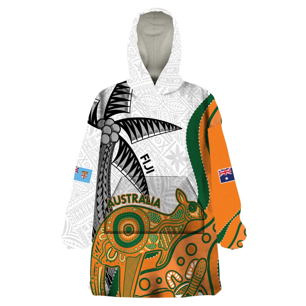 Custom Fiji And Australia Rugby Wearable Blanket Hoodie Fijian Palm Tree Mix Aussie Kangaroo - Vibe Hoodie Shop