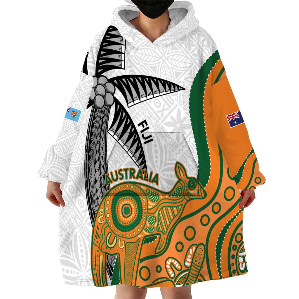 Custom Fiji And Australia Rugby Wearable Blanket Hoodie Fijian Palm Tree Mix Aussie Kangaroo - Vibe Hoodie Shop