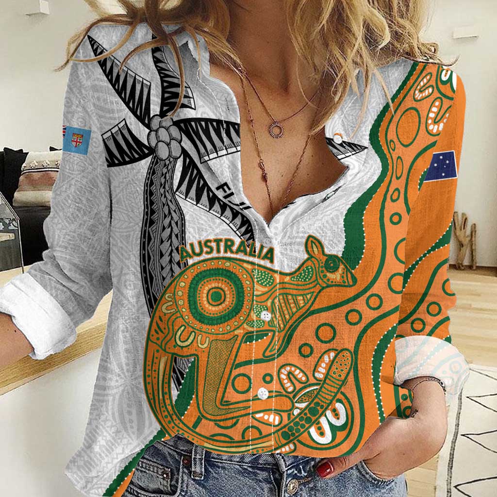Custom Fiji And Australia Rugby Women Casual Shirt Fijian Palm Tree Mix Aussie Kangaroo - Vibe Hoodie Shop