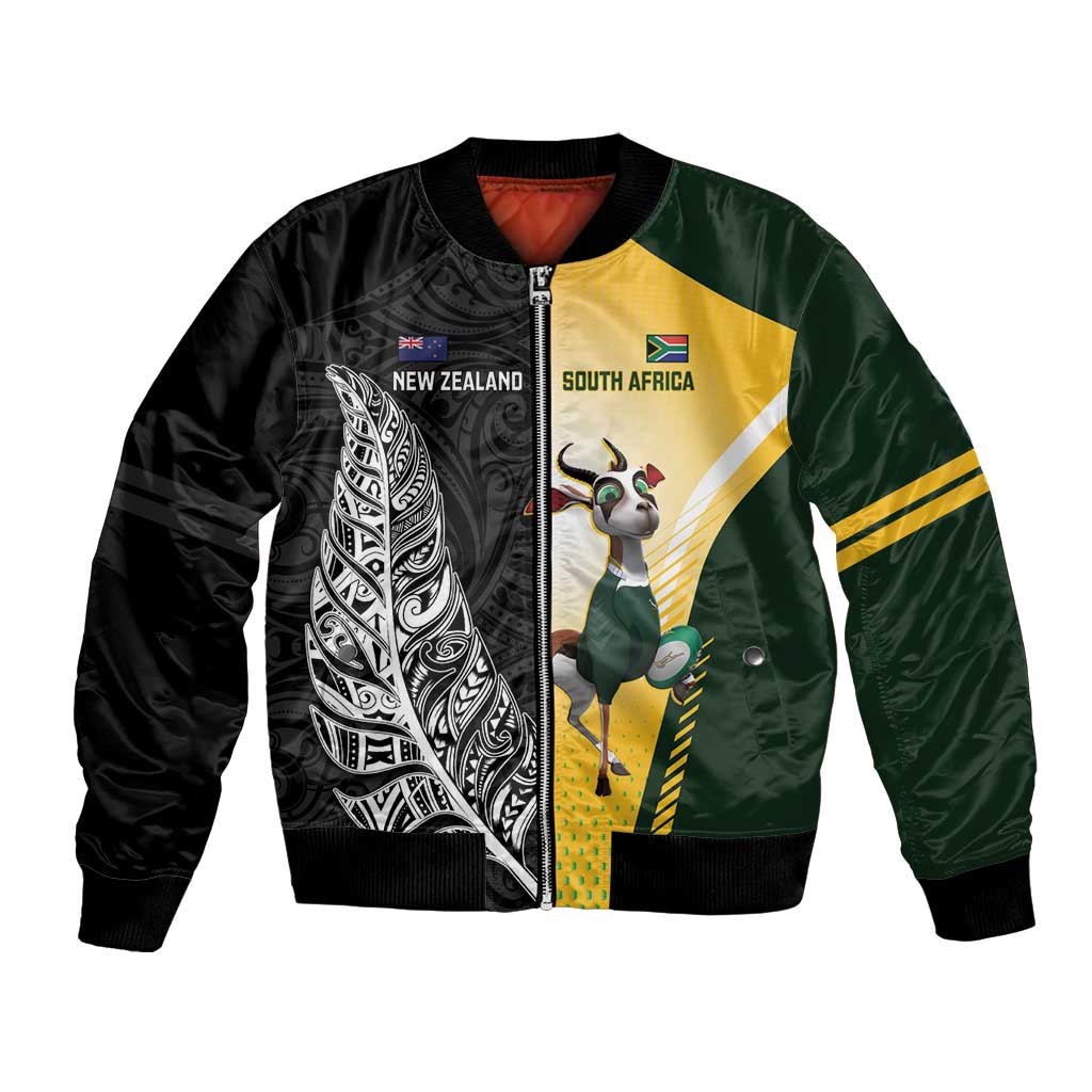 New Zealand and South Africa Rugby Custom Bomber Jacket Maori Silver Fern Springbok Together - Vibe Hoodie