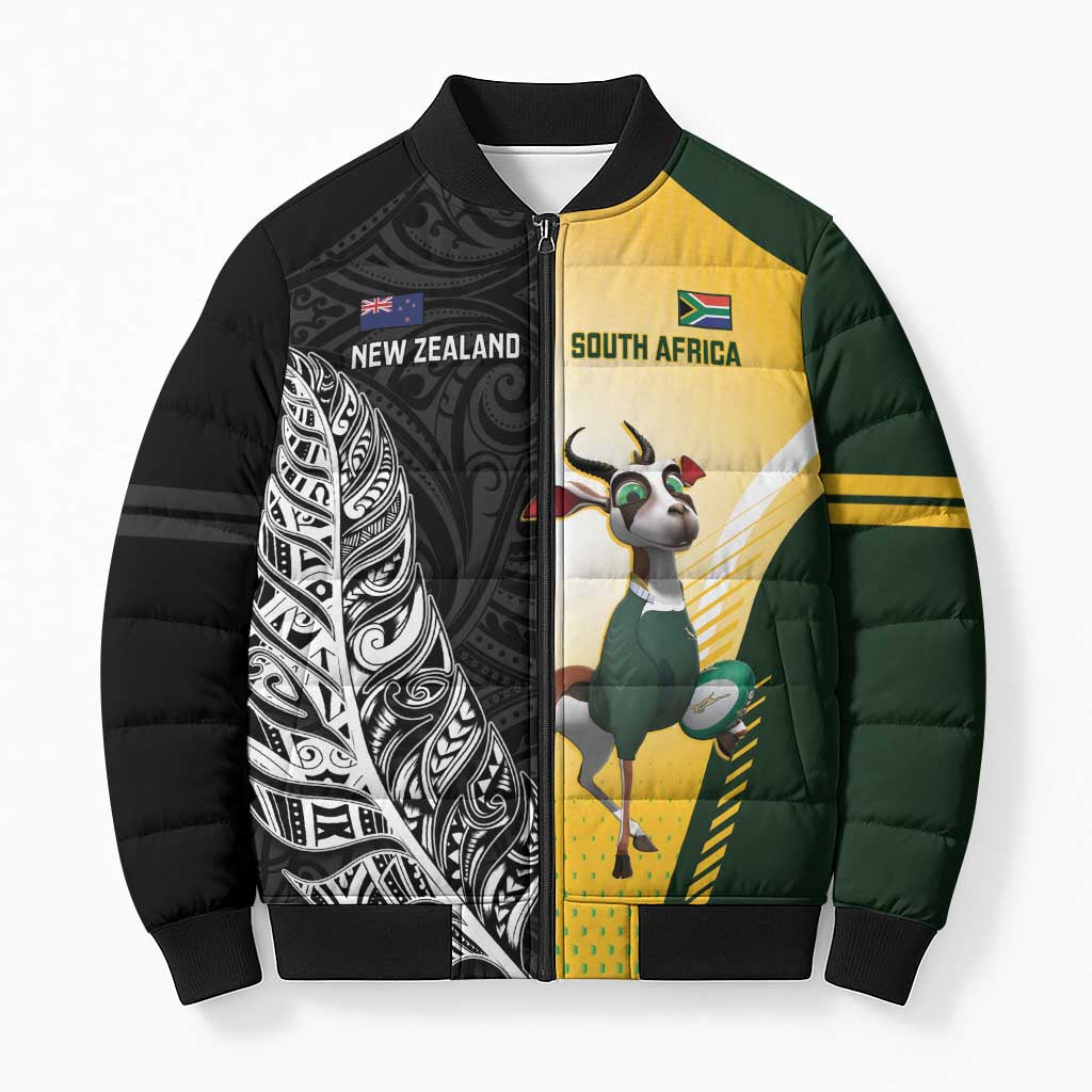 New Zealand and South Africa Rugby Custom Bomber Puffer Jacket Maori Silver Fern Springbok Together - Vibe Hoodie