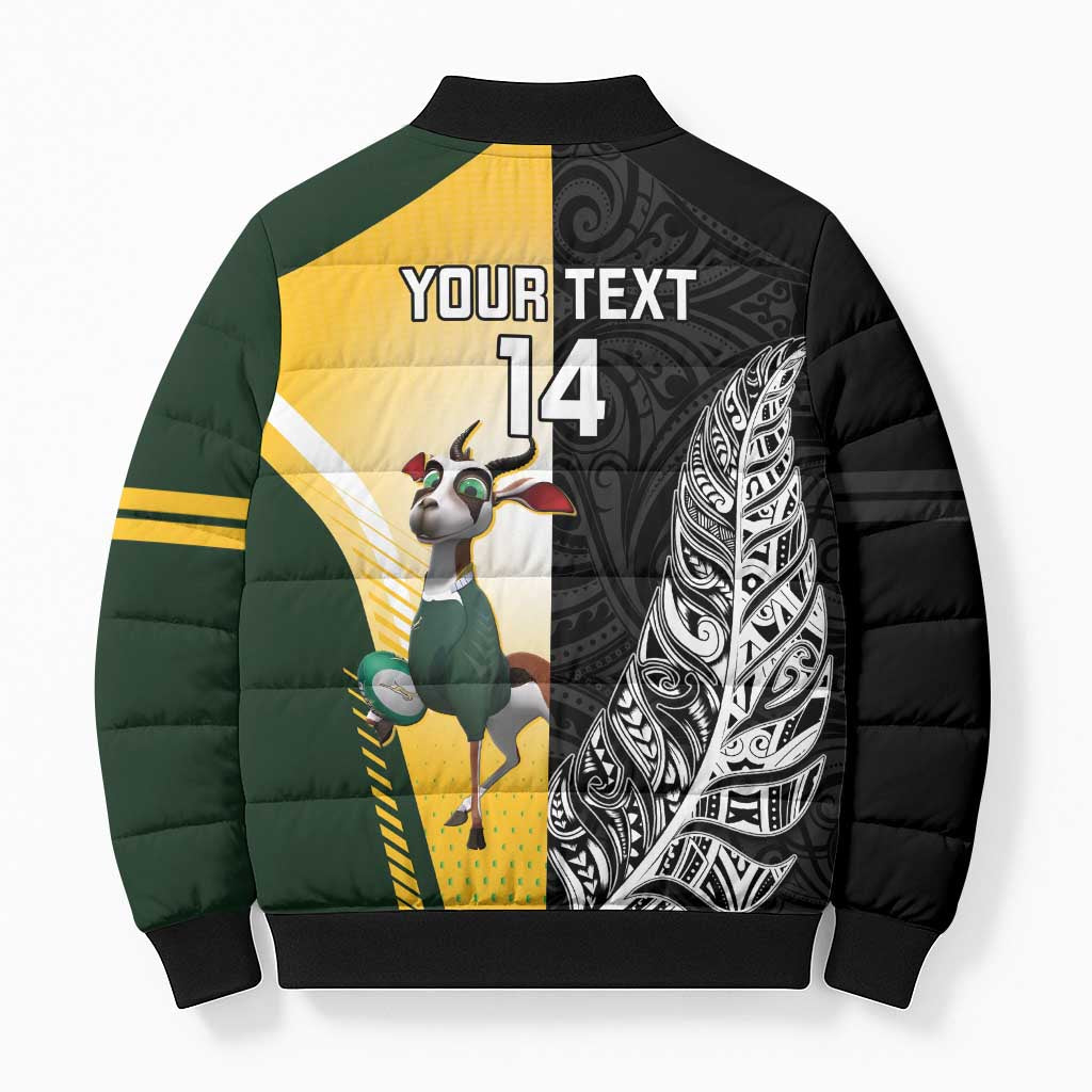 New Zealand and South Africa Rugby Custom Bomber Puffer Jacket Maori Silver Fern Springbok Together - Vibe Hoodie