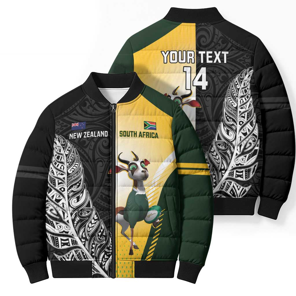New Zealand and South Africa Rugby Custom Bomber Puffer Jacket Maori Silver Fern Springbok Together - Vibe Hoodie