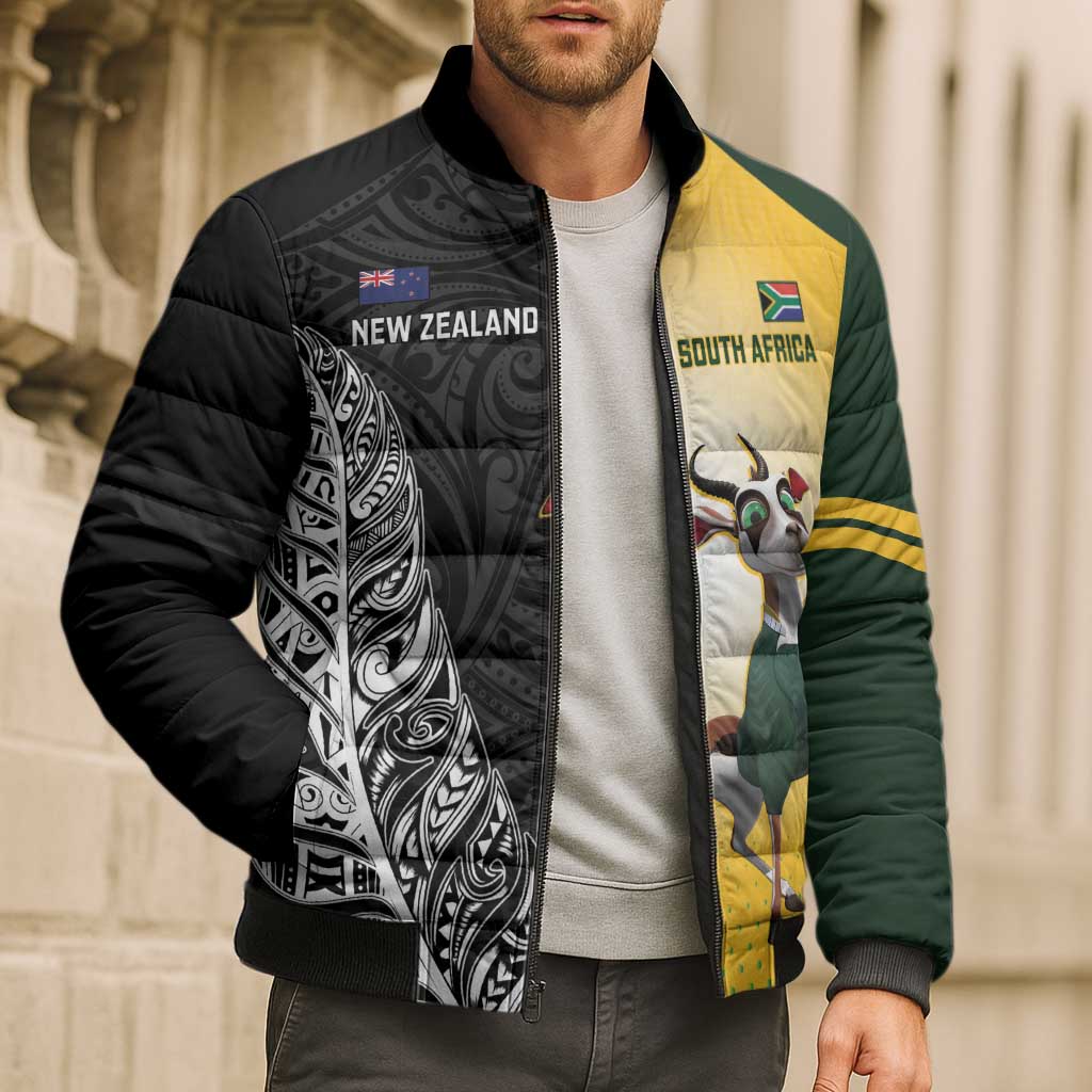 New Zealand and South Africa Rugby Custom Bomber Puffer Jacket Maori Silver Fern Springbok Together - Vibe Hoodie