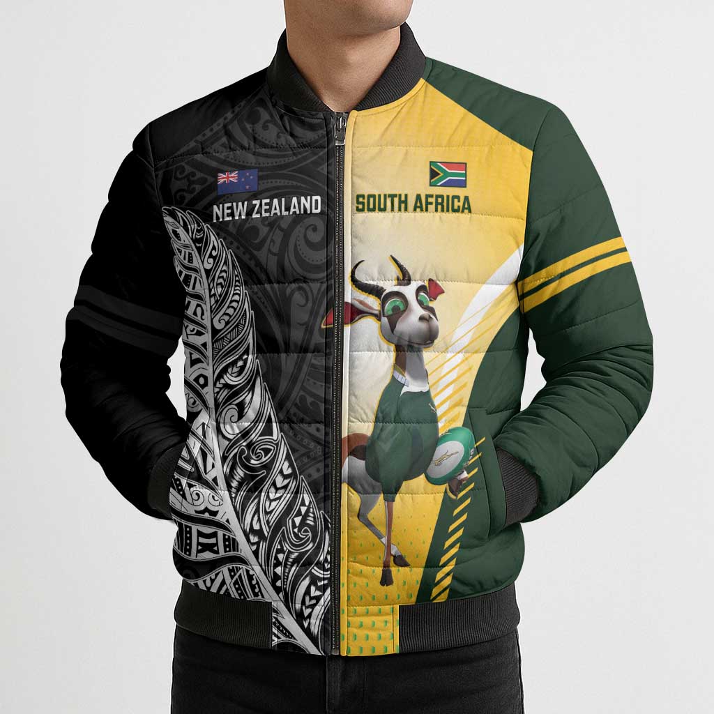 New Zealand and South Africa Rugby Custom Bomber Puffer Jacket Maori Silver Fern Springbok Together - Vibe Hoodie