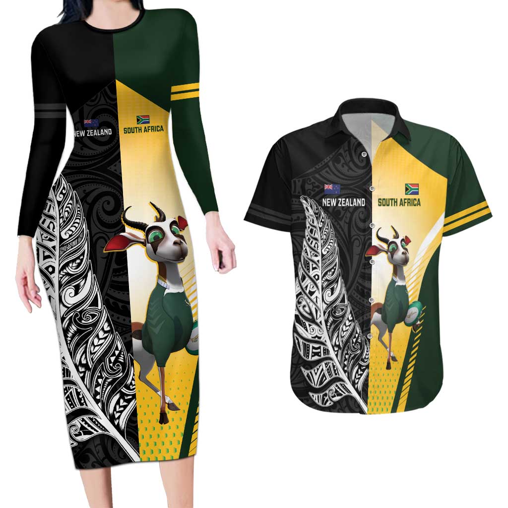 New Zealand and South Africa Rugby Custom Couples Matching Long Sleeve Bodycon Dress and Hawaiian Shirt Maori Silver Fern Springbok Together - Vibe Hoodie