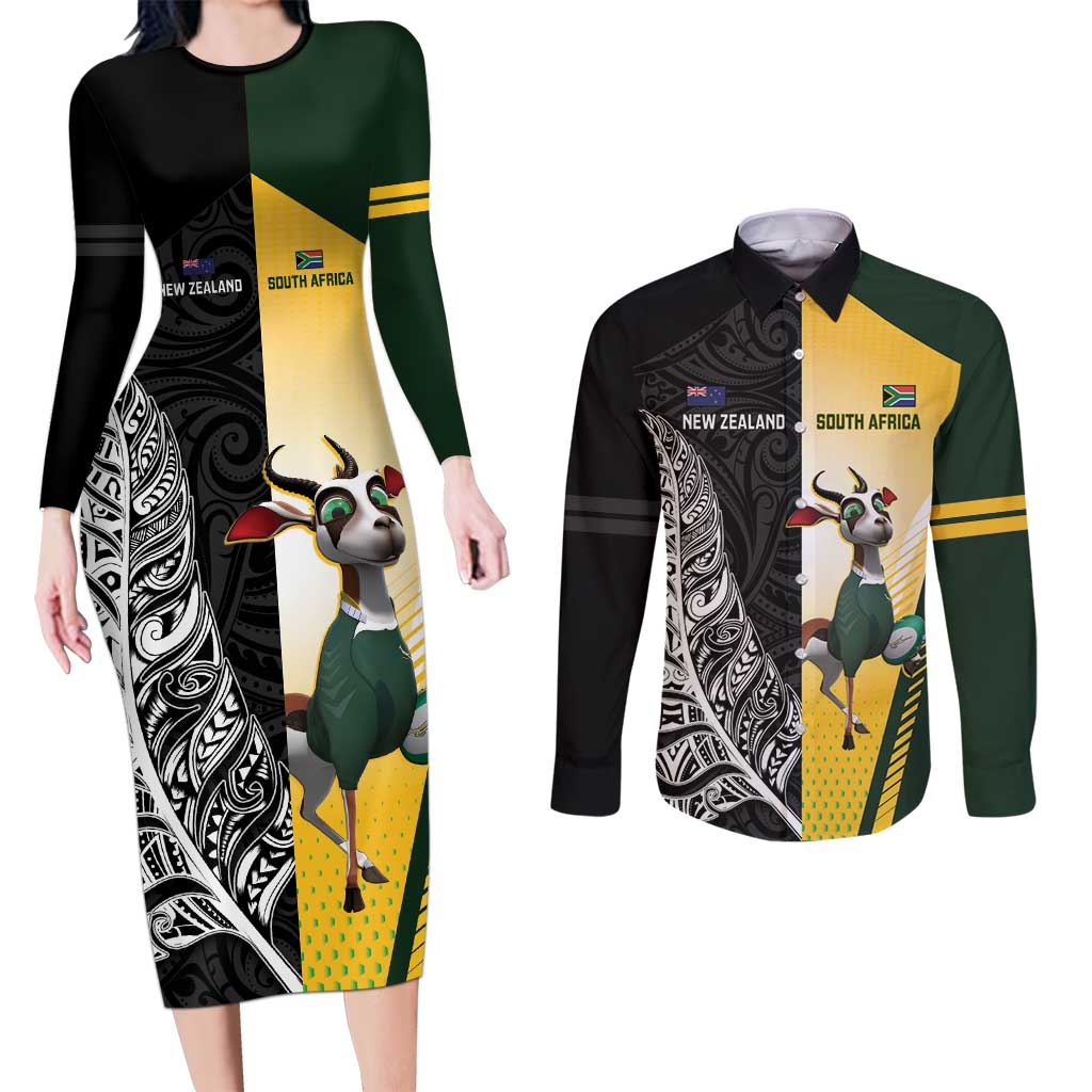 New Zealand and South Africa Rugby Custom Couples Matching Long Sleeve Bodycon Dress and Long Sleeve Button Shirt Maori Silver Fern Springbok Together - Vibe Hoodie