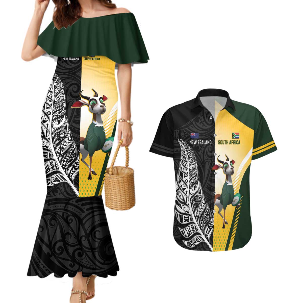 New Zealand and South Africa Rugby Custom Couples Matching Mermaid Dress and Hawaiian Shirt Maori Silver Fern Springbok Together - Vibe Hoodie