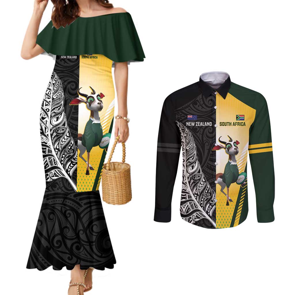 New Zealand and South Africa Rugby Custom Couples Matching Mermaid Dress and Long Sleeve Button Shirt Maori Silver Fern Springbok Together - Vibe Hoodie