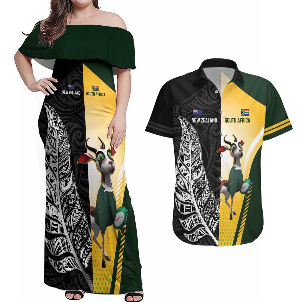 New Zealand and South Africa Rugby Custom Couples Matching Off Shoulder Maxi Dress and Hawaiian Shirt Maori Silver Fern Springbok Together - Vibe Hoodie