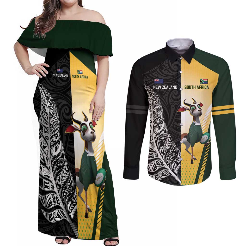 New Zealand and South Africa Rugby Custom Couples Matching Off Shoulder Maxi Dress and Long Sleeve Button Shirt Maori Silver Fern Springbok Together - Vibe Hoodie