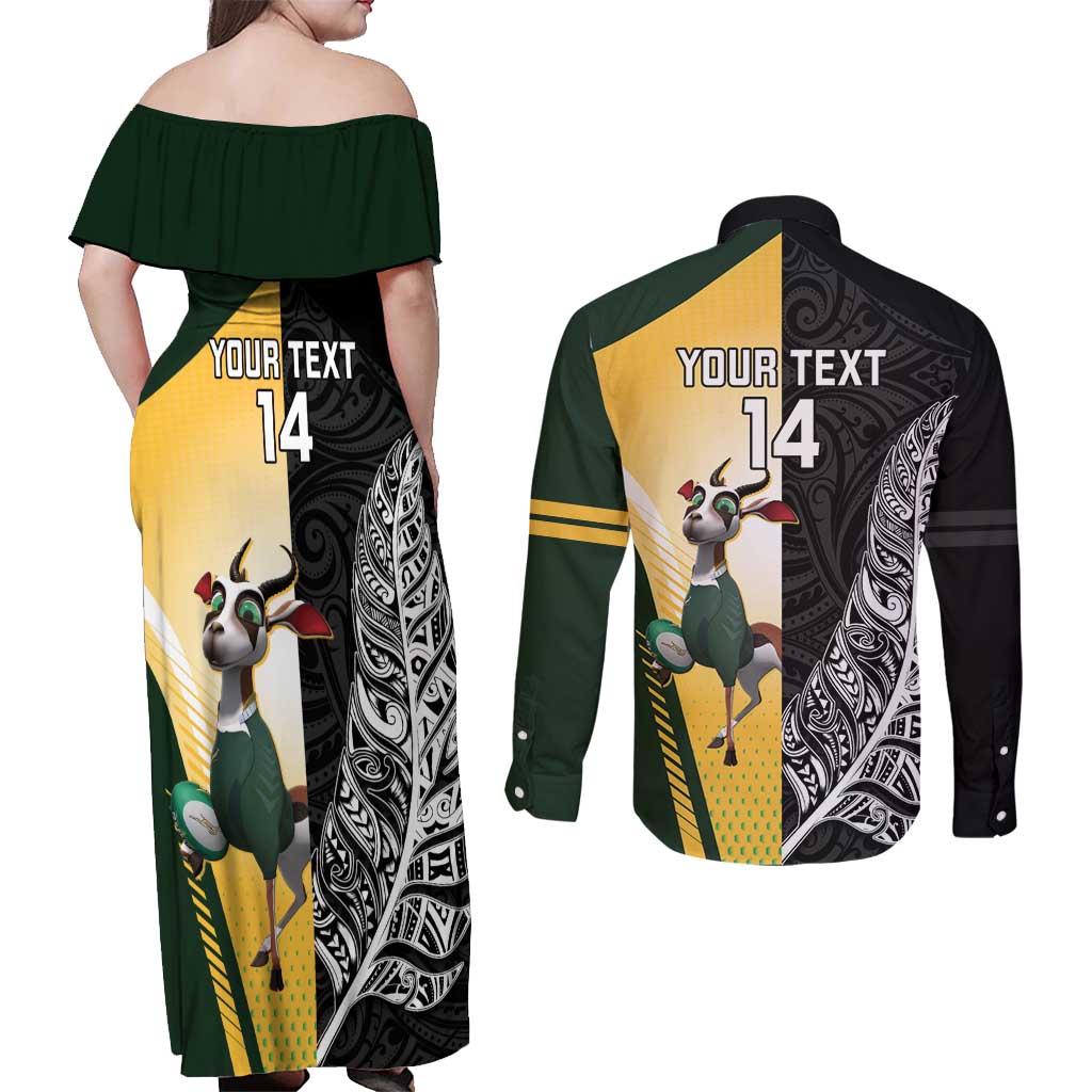 New Zealand and South Africa Rugby Custom Couples Matching Off Shoulder Maxi Dress and Long Sleeve Button Shirt Maori Silver Fern Springbok Together - Vibe Hoodie