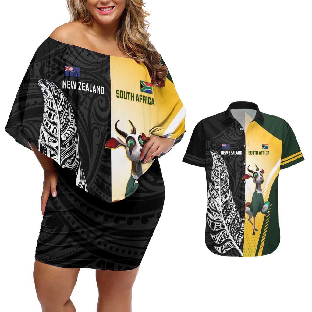 New Zealand and South Africa Rugby Custom Couples Matching Off Shoulder Short Dress and Hawaiian Shirt Maori Silver Fern Springbok Together - Vibe Hoodie