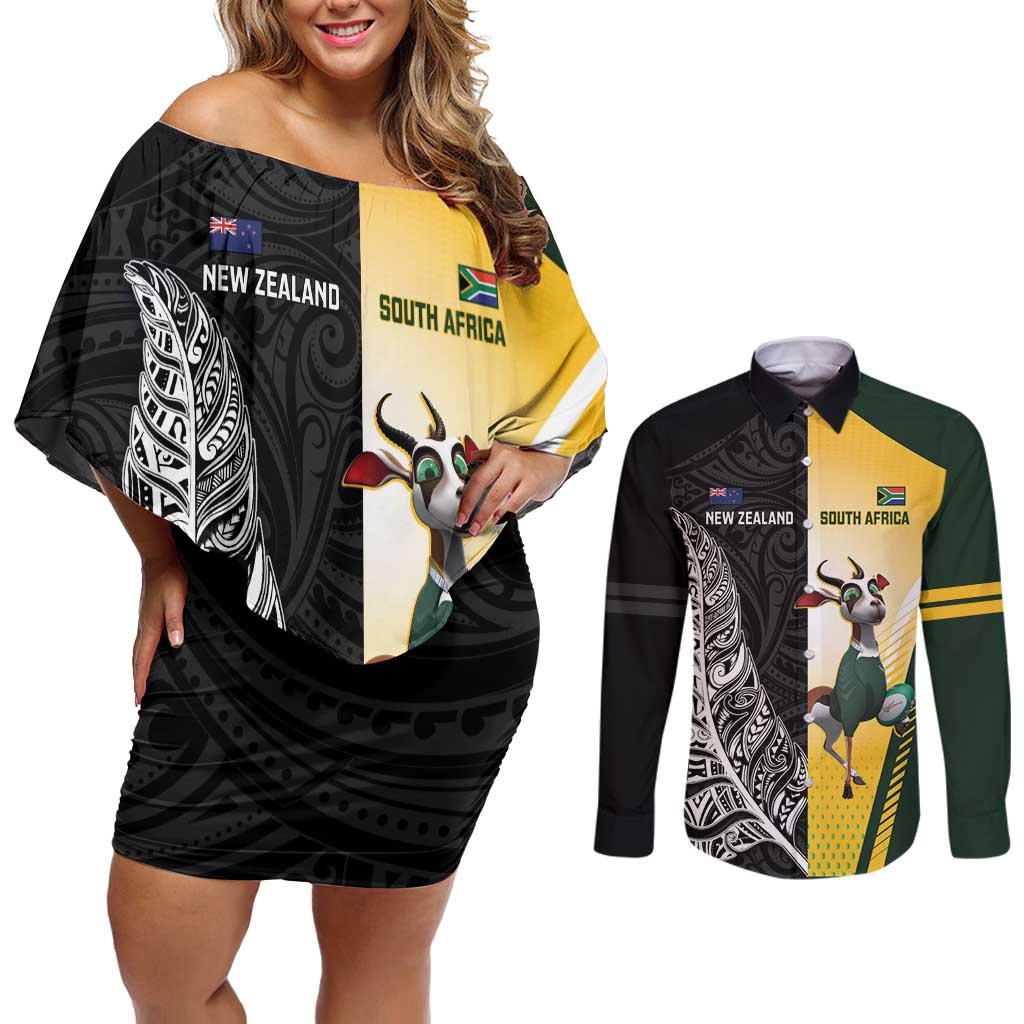 New Zealand and South Africa Rugby Custom Couples Matching Off Shoulder Short Dress and Long Sleeve Button Shirt Maori Silver Fern Springbok Together - Vibe Hoodie