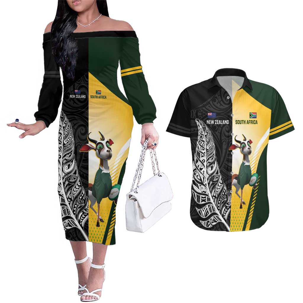 New Zealand and South Africa Rugby Custom Couples Matching Off The Shoulder Long Sleeve Dress and Hawaiian Shirt Maori Silver Fern Springbok Together - Vibe Hoodie