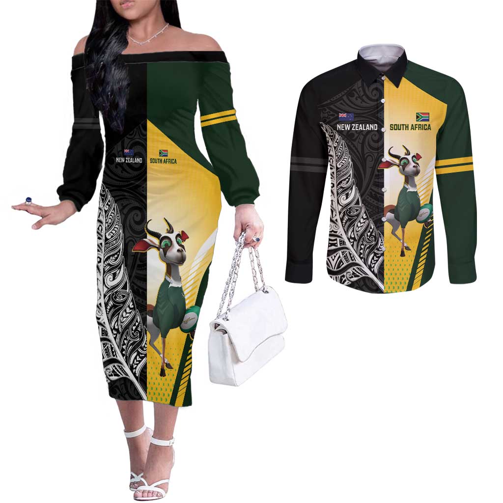 New Zealand and South Africa Rugby Custom Couples Matching Off The Shoulder Long Sleeve Dress and Long Sleeve Button Shirt Maori Silver Fern Springbok Together - Vibe Hoodie