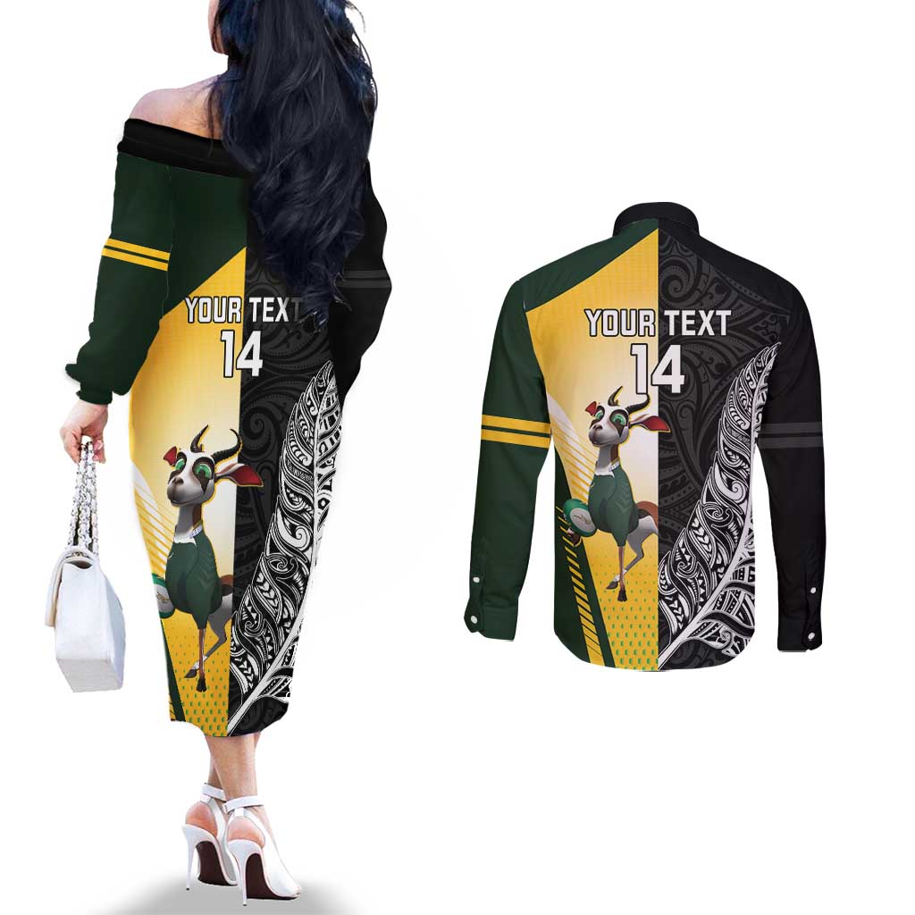 New Zealand and South Africa Rugby Custom Couples Matching Off The Shoulder Long Sleeve Dress and Long Sleeve Button Shirt Maori Silver Fern Springbok Together - Vibe Hoodie