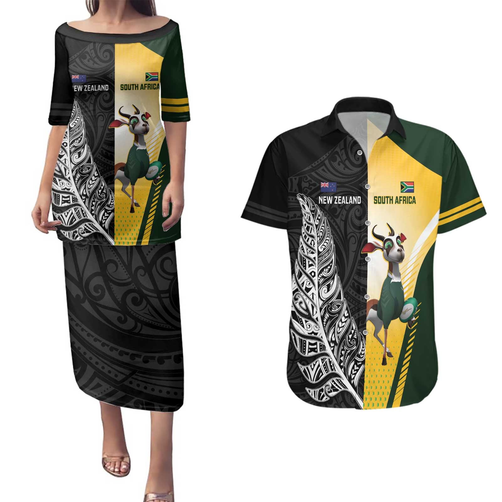 New Zealand and South Africa Rugby Custom Couples Matching Puletasi and Hawaiian Shirt Maori Silver Fern Springbok Together - Vibe Hoodie