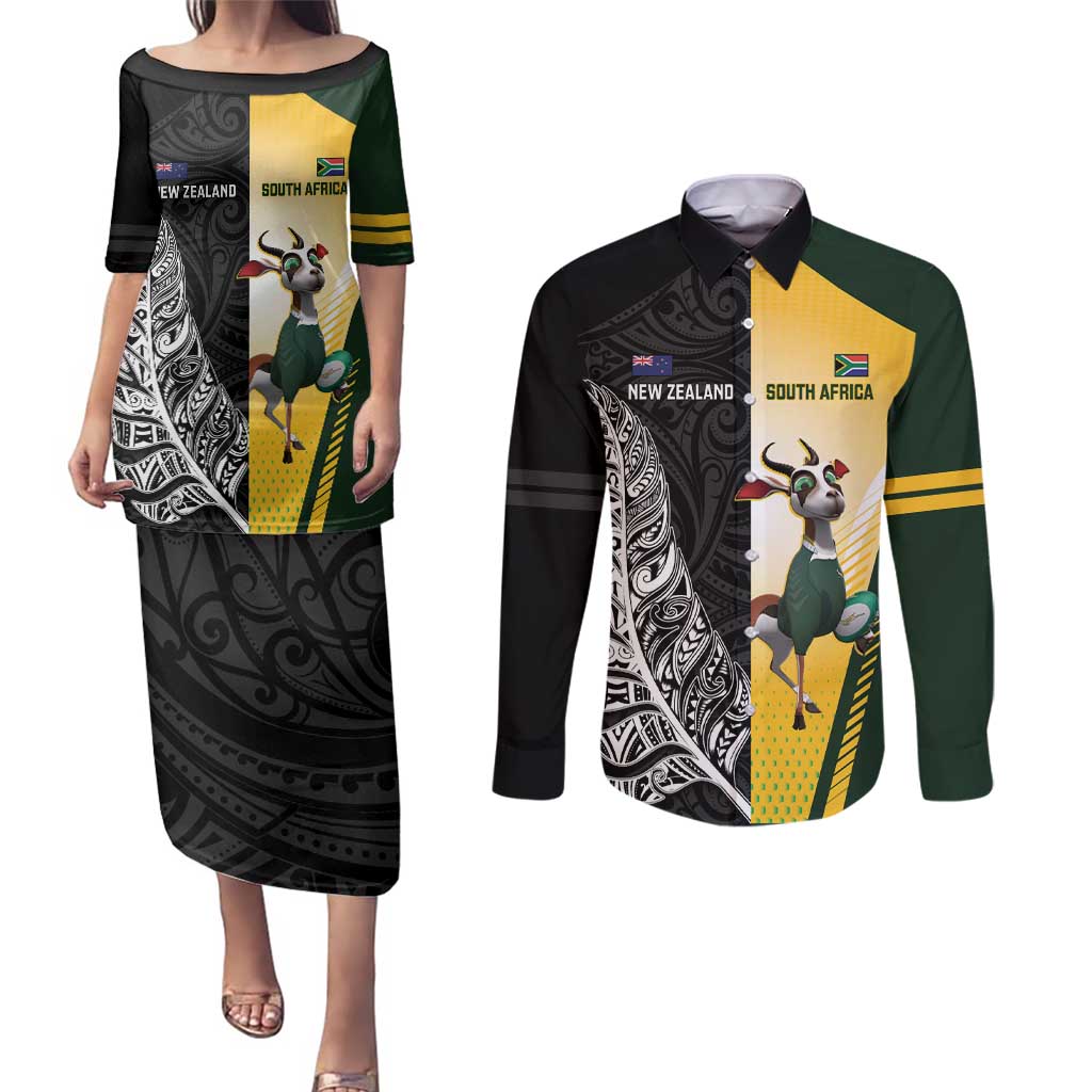 New Zealand and South Africa Rugby Custom Couples Matching Puletasi and Long Sleeve Button Shirt Maori Silver Fern Springbok Together - Vibe Hoodie