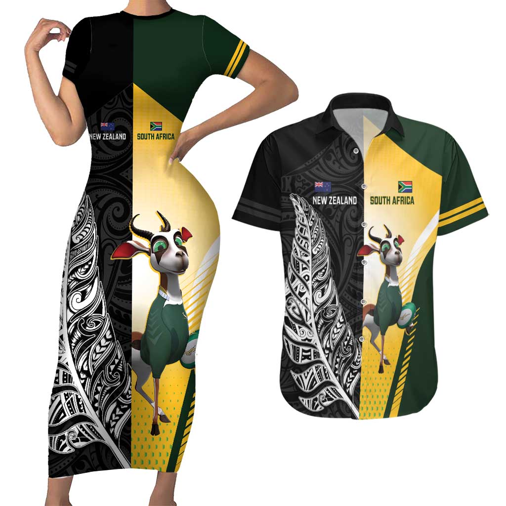 New Zealand and South Africa Rugby Custom Couples Matching Short Sleeve Bodycon Dress and Hawaiian Shirt Maori Silver Fern Springbok Together - Vibe Hoodie