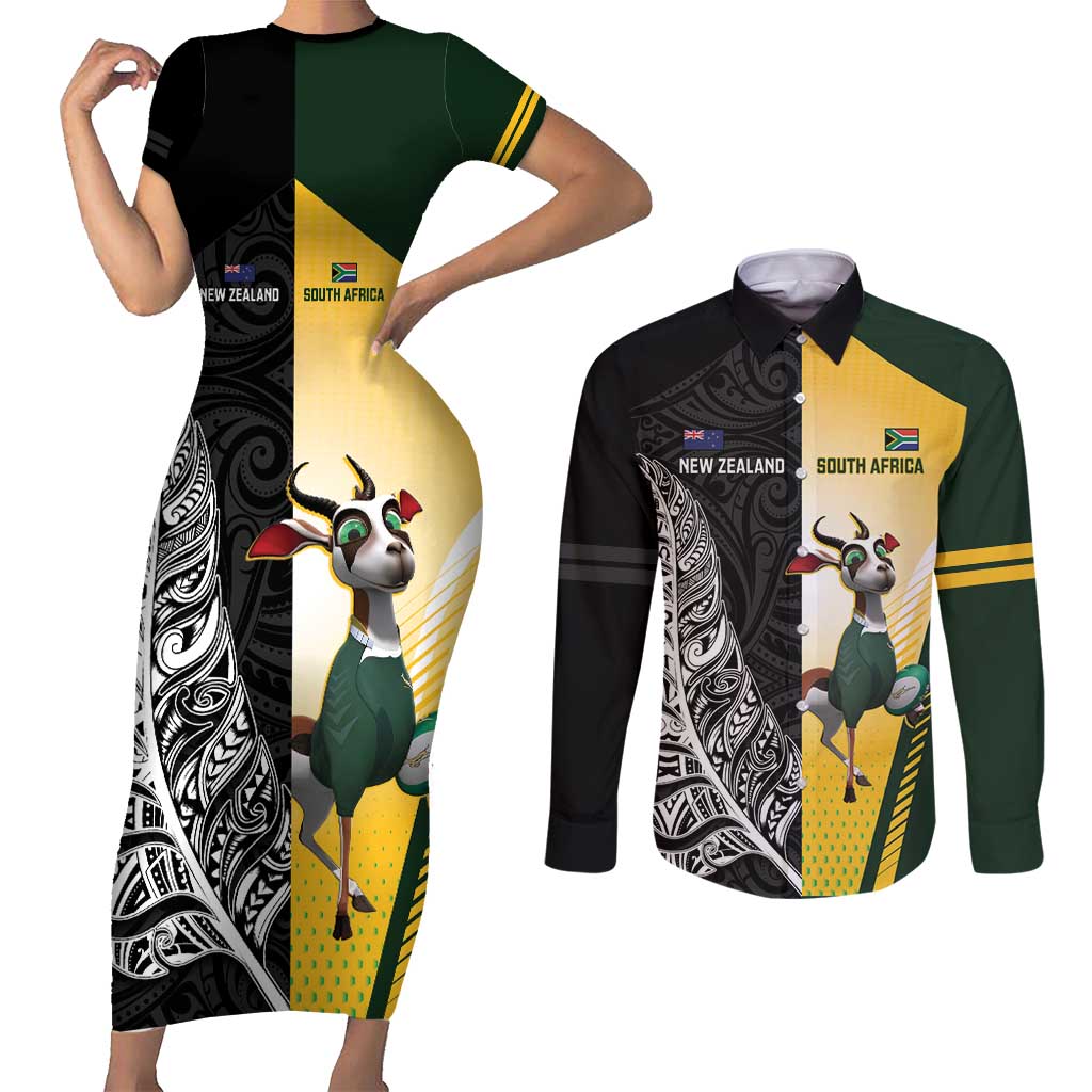 New Zealand and South Africa Rugby Custom Couples Matching Short Sleeve Bodycon Dress and Long Sleeve Button Shirt Maori Silver Fern Springbok Together - Vibe Hoodie