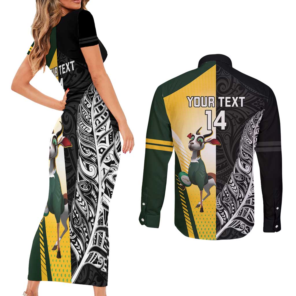 New Zealand and South Africa Rugby Custom Couples Matching Short Sleeve Bodycon Dress and Long Sleeve Button Shirt Maori Silver Fern Springbok Together - Vibe Hoodie