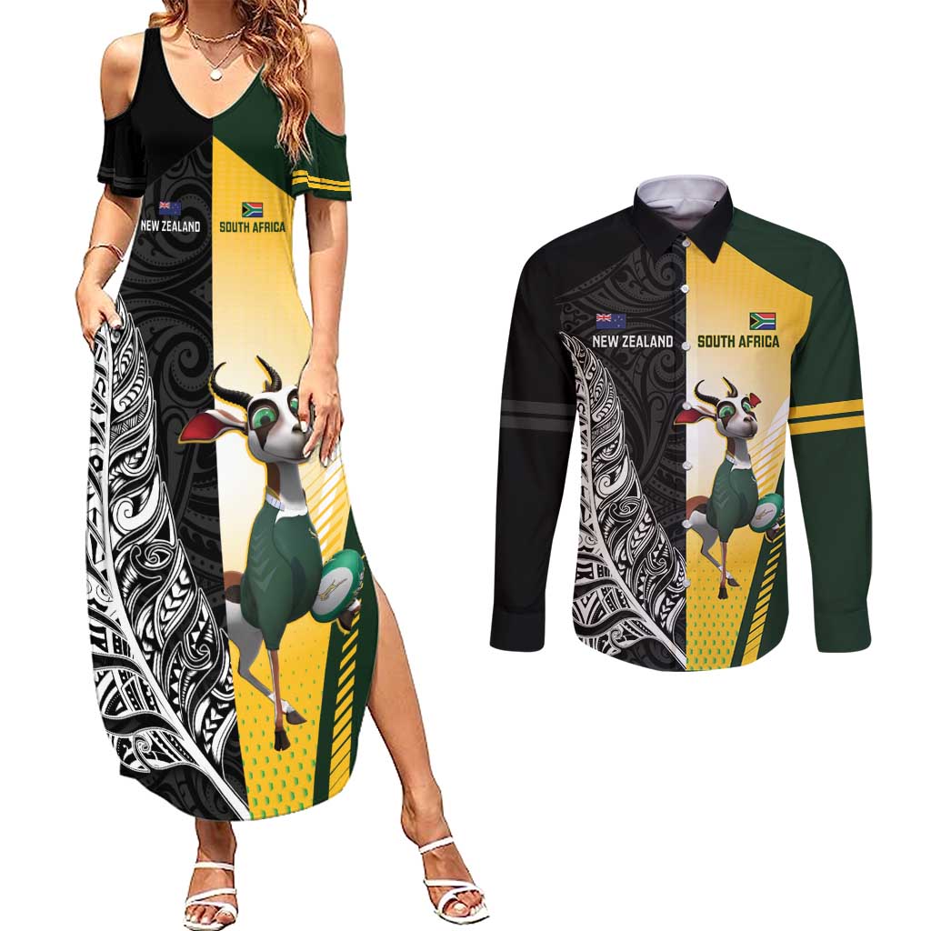 New Zealand and South Africa Rugby Custom Couples Matching Summer Maxi Dress and Long Sleeve Button Shirt Maori Silver Fern Springbok Together - Vibe Hoodie