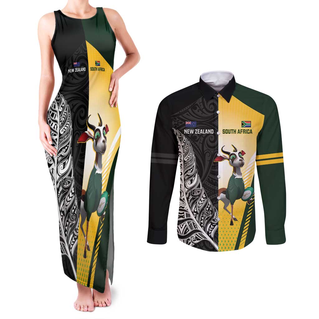 New Zealand and South Africa Rugby Custom Couples Matching Tank Maxi Dress and Long Sleeve Button Shirt Maori Silver Fern Springbok Together - Vibe Hoodie
