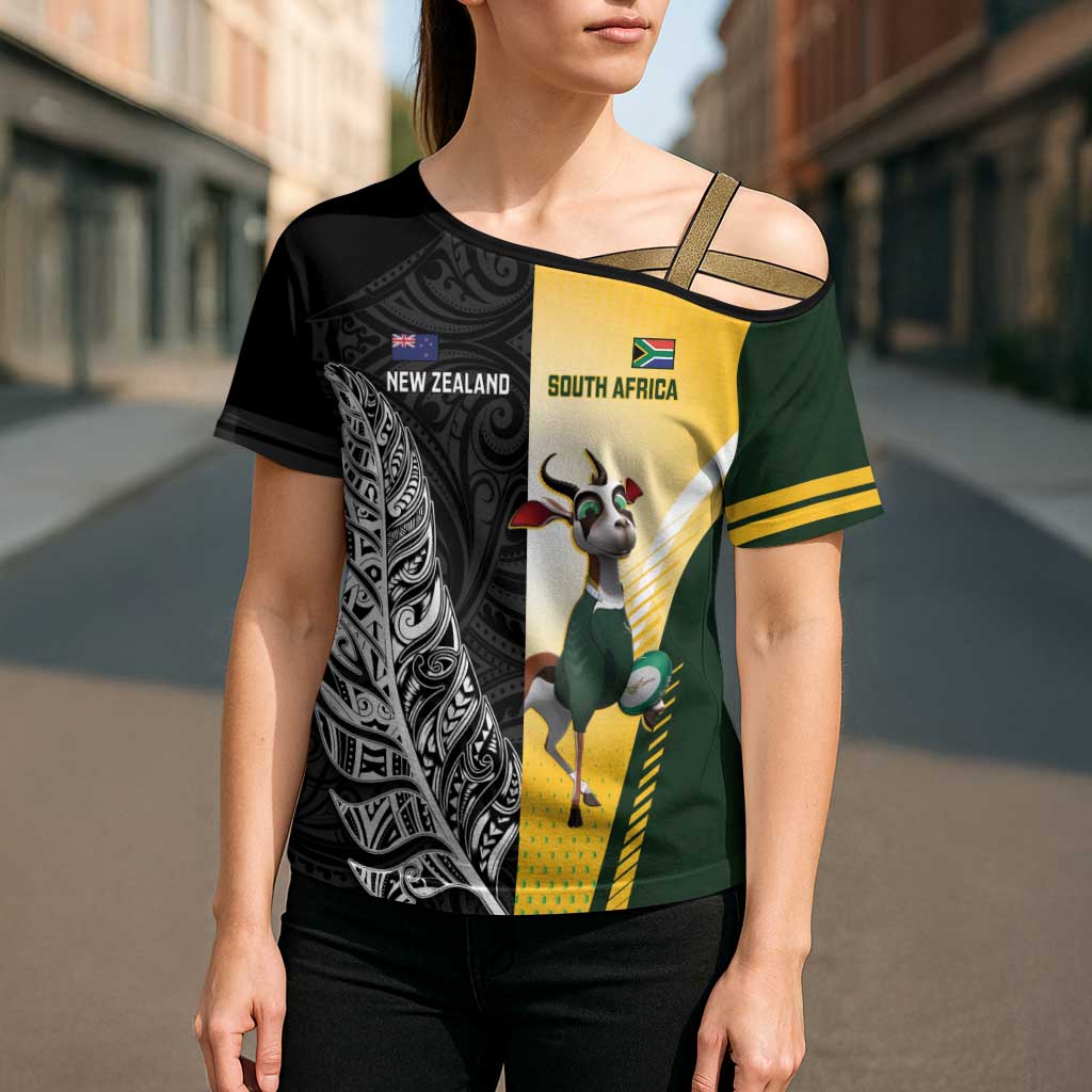 New Zealand and South Africa Rugby Custom Cross Shoulder Shirt Maori Silver Fern Springbok Together - Vibe Hoodie