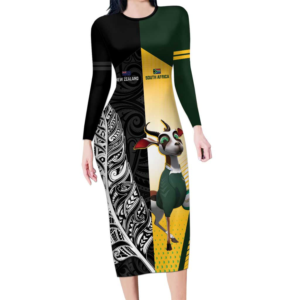 New Zealand and South Africa Rugby Custom Family Matching Long Sleeve Bodycon Dress and Hawaiian Shirt Maori Silver Fern Springbok Together - Vibe Hoodie