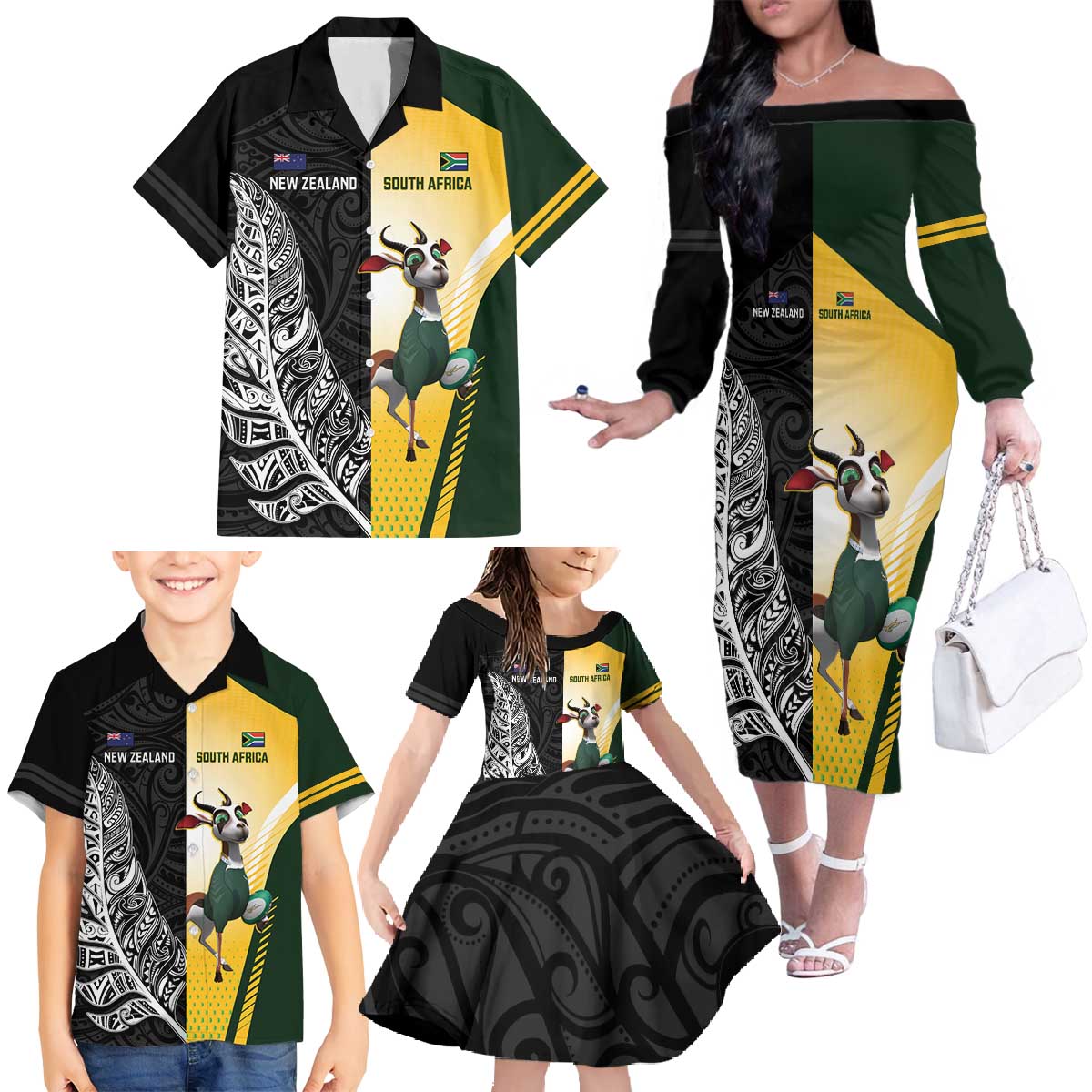 New Zealand and South Africa Rugby Custom Family Matching Off The Shoulder Long Sleeve Dress and Hawaiian Shirt Maori Silver Fern Springbok Together - Vibe Hoodie