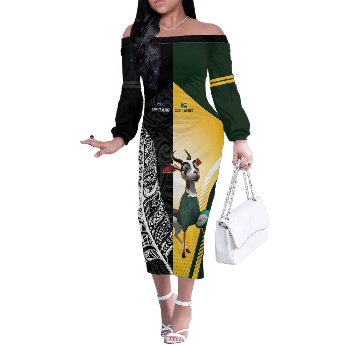 New Zealand and South Africa Rugby Custom Family Matching Off The Shoulder Long Sleeve Dress and Hawaiian Shirt Maori Silver Fern Springbok Together - Vibe Hoodie
