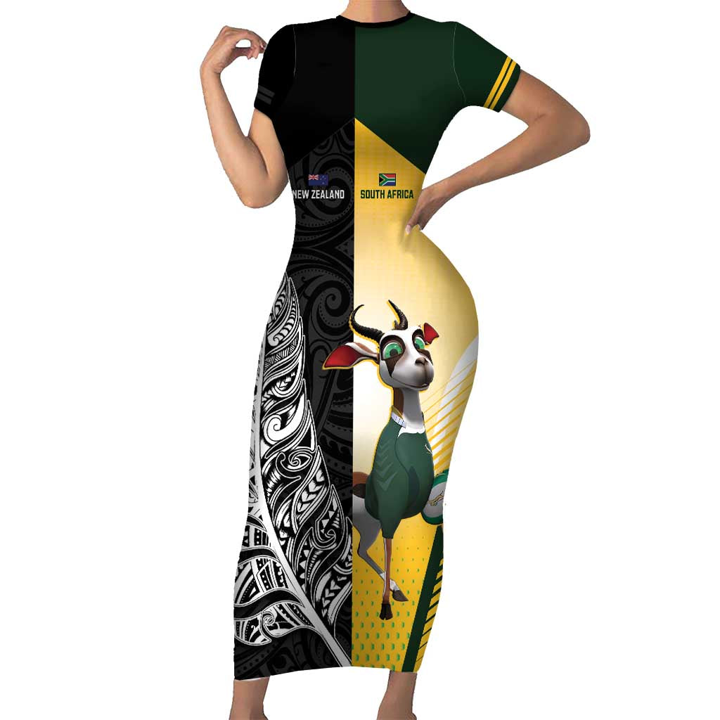 New Zealand and South Africa Rugby Custom Family Matching Short Sleeve Bodycon Dress and Hawaiian Shirt Maori Silver Fern Springbok Together - Vibe Hoodie