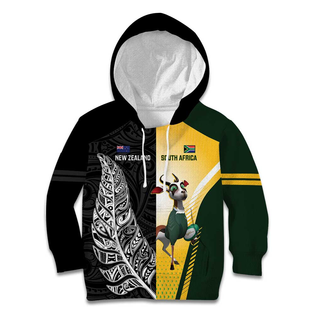 New Zealand and South Africa Rugby Custom Kid Hoodie Maori Silver Fern Springbok Together - Vibe Hoodie